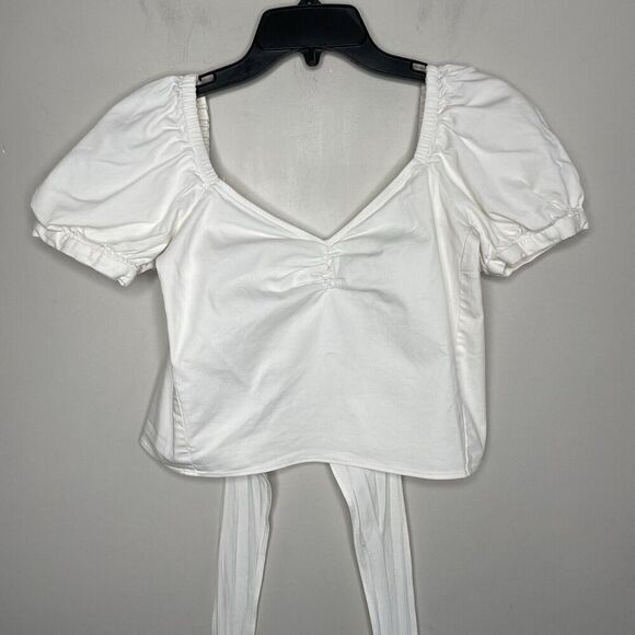 MARISSA WEBB Wrap Crop Top Women 0 White Puff Sleeve Cotton Blend Sweetheart - Picture 2 of 10
